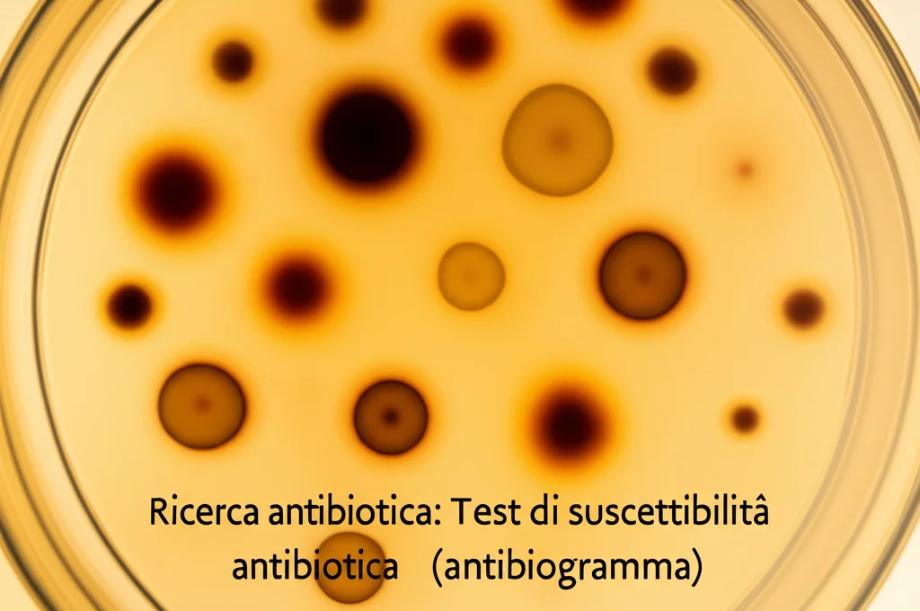 Ricerca antibiotica: Test di suscettibilità antibiotica (antibiogramma) su piastra di agar, dischetti di antibiotici visibili, focus sui cerchi di inibizione, obiettivo macro 100mm, alta definizione, illuminazione precisa da laboratorio.
