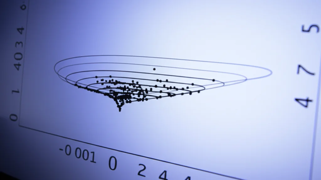 Visualizzazione grafica di dati complessi analizzati da un computer, con linee e punti che rappresentano le variabili dei pazienti e i modelli predittivi. Illuminazione da studio controllata, alta definizione, concetto di analisi dati medici.
