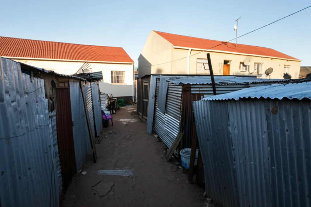 Fotografia realistica di un cortile densamente popolato a Fisantekraal, Sudafrica. Diverse baracche improvvisate in lamiera ondulata e legno sono stipate dietro una casa formale. Obiettivo zoom 35mm, luce naturale del tardo pomeriggio, profondità di campo che mostra sia i dettagli delle baracche in primo piano che la casa principale sullo sfondo, catturando l'essenza del 'backyard dwelling'.
