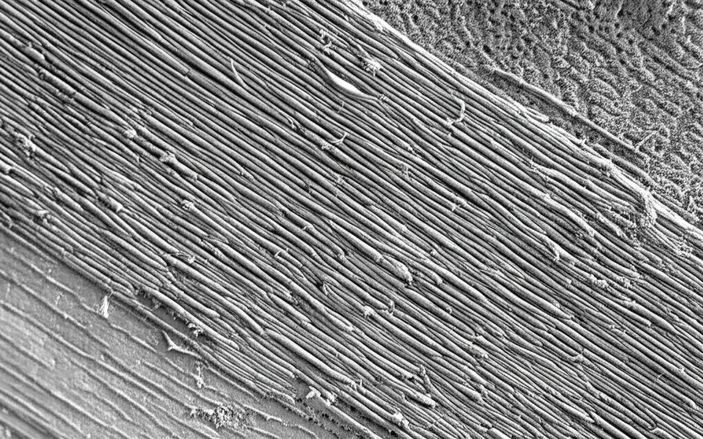 Immagine macro fotorealistica di fibre del cristallino umano al microscopio elettronico a scansione, alcune ordinate e compatte (miopia elevata), altre disordinate con vacuoli (cataratta legata all'età). Obiettivo macro 100mm, alta definizione, illuminazione controllata, bianco e nero.