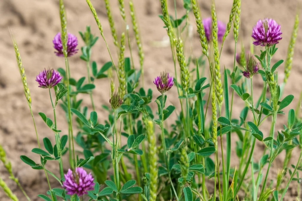 Primo piano macro di piante di erba medica (con fiori viola) e bromo inerme (verdi steli con spighe) che crescono fitte insieme in un campo sperimentale. Obiettivo macro 100mm, alta definizione dei dettagli delle foglie e dei fiori, luce naturale controllata che evidenzia le texture, sfondo leggermente sfocato del terreno sabbioso.