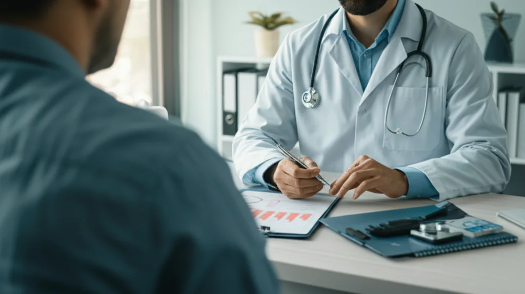 Ritratto di un medico che spiega con calma un grafico a un paziente seduto di fronte a lui in uno studio medico luminoso. Obiettivo 35mm, profondità di campo, colori caldi e rassicuranti, per simboleggiare la comunicazione medico-paziente e l'uso di nuovi strumenti clinici.