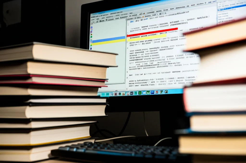 Una scrivania da ricercatore con pile di libri sulla grammatica tedesca e uno schermo di computer che mostra righe di testo da un corpus linguistico. Alcune frasi contenenti 'wer und wo' sono evidenziate. Illuminazione da studio controllata, obiettivo macro 85mm per un'alta definizione del testo sullo schermo.