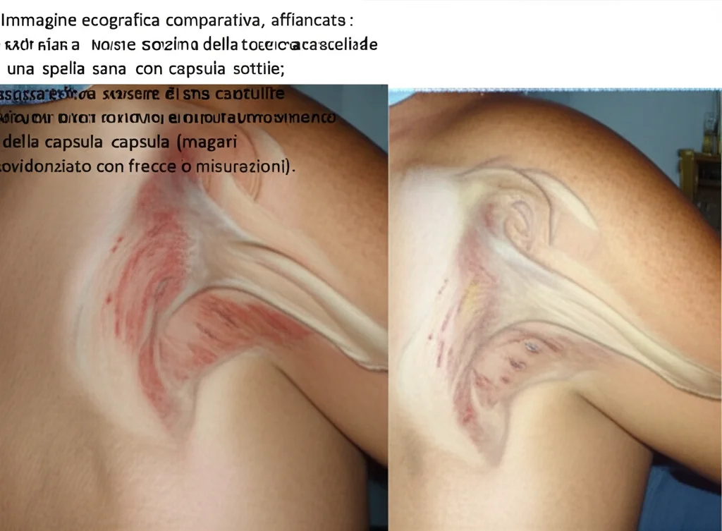 Immagine ecografica comparativa, affiancata: a sinistra una sezione della tasca ascellare di una spalla sana con capsula sottile; a destra la stessa sezione di una spalla con capsulite adesiva che mostra un evidente ispessimento della capsula (magari evidenziato con frecce o misurazioni). Alta definizione, dettagli precisi dei tessuti molli. Obiettivo macro 100mm, controlled lighting.