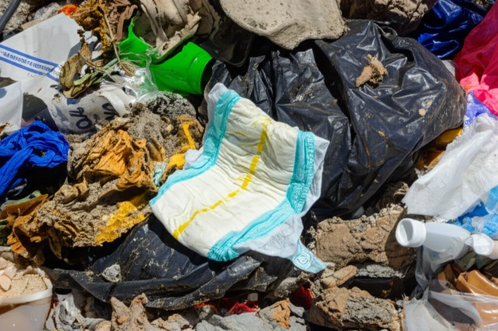 Scatto macro con obiettivo 80mm di un cumulo di rifiuti domestici (imballaggi di plastica, scarti alimentari, pannolini) abbandonati illegalmente in uno spazio aperto a Fisantekraal. Illuminazione controllata per evidenziare i dettagli e la texture dei rifiuti, messa a fuoco precisa sul degrado ambientale e le conseguenze delle 'fughe di rifiuti'.