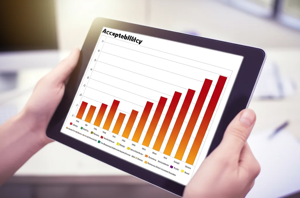 Un grafico a barre visualizzato su un tablet tenuto in mano. Il grafico mostra diversi livelli di accettabilità linguistica per frasi tedesche, con barre di altezze variabili che indicano giudizi graduati. Sfondo leggermente sfocato di un ufficio. Obiettivo 50mm, profondità di campo ridotta.