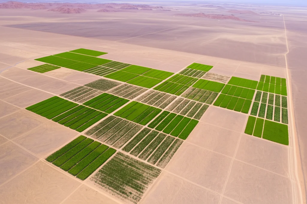 Veduta aerea con drone di appezzamenti sperimentali quadrati in un paesaggio arido (Horqin Sandy Land). Si distinguono chiaramente i diversi pattern di semina (file parallele, incrociate) e le diverse densità di verde, rappresentanti i vari trattamenti. Obiettivo grandangolare 24mm, luce diurna intensa, alta risoluzione per distinguere i dettagli degli appezzamenti.