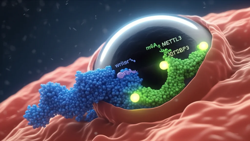 Visualizzazione 3D fotorealistica di una molecola di RNA (filamento curvo) con modifiche m6A (sfere luminose attaccate) legata da proteine 'writer' METTL3 (forma complessa blu) e 'reader' IGF2BP3 (forma complessa verde) all'interno di una cellula epiteliale del cristallino stilizzata. Profondità di campo, illuminazione drammatica interna alla cellula, stile cinematografico scientifico.