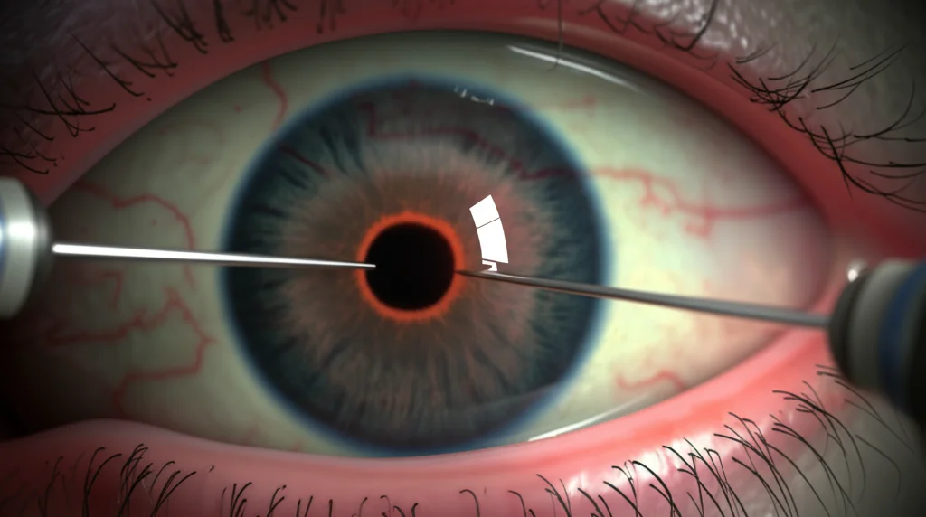 Fotografia di laboratorio realistica di un occhio di topo sotto un microscopio chirurgico durante un'iniezione intravitreale. Focus sul cristallino visibile attraverso la pupilla dilatata. Illuminazione da laboratorio precisa, obiettivo macro 60mm, alta definizione, contesto scientifico.