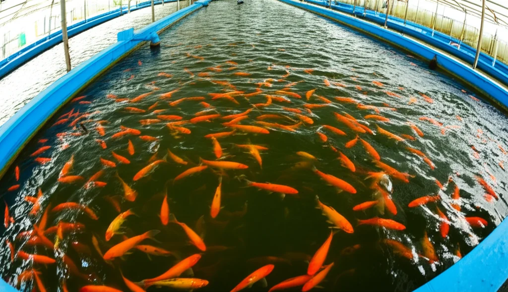 Fotografia wide-angle 20mm di una vasca di acquacoltura moderna e pulita con numerosi pesci rossi sani che nuotano attivamente, acqua limpida, luce naturale diffusa, focus nitido sull'insieme.