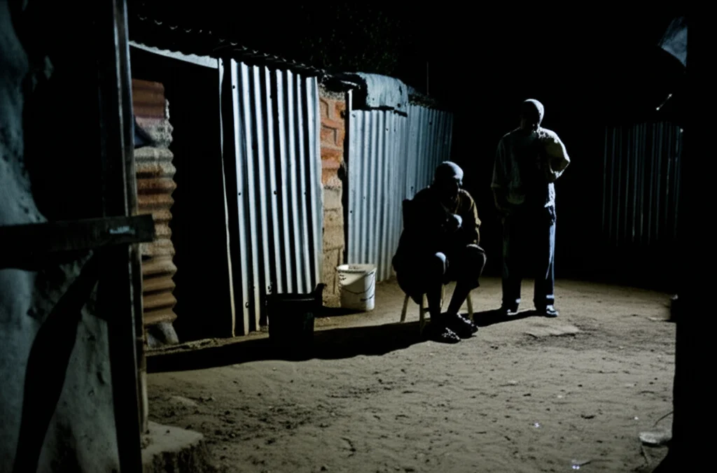 Ritratto ambientato, obiettivo 50mm, di un residente di Fisantekraal di notte fuori dalla sua baracca nel cortile, con un secchio per i bisogni nelle vicinanze. Illuminazione scarsa, stile film noir, che enfatizza le condizioni precarie e la 'divisione sanitaria' tra giorno e notte.