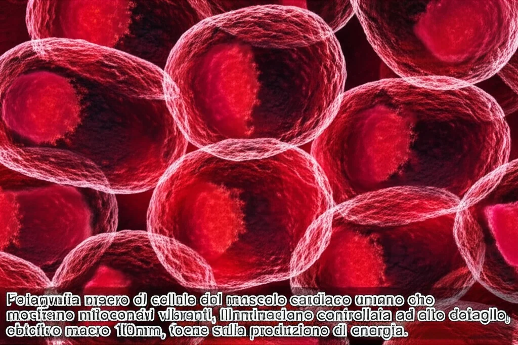 Fotografia macro di cellule del muscolo cardiaco umano che mostrano mitocondri vibranti, illuminazione controllata ad alto dettaglio, obiettivo macro 100mm, focus sulla produzione di energia.