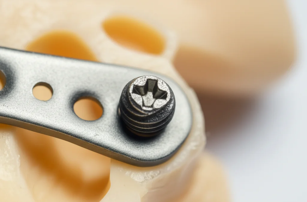Primo piano macro di una vite di bloccaggio in titanio con la testa spanata, inserita in una placca metallica su un modello osseo artificiale. Illuminazione controllata da studio, alta definizione, lente macro 90mm, focus preciso sul danno alla testa della vite.