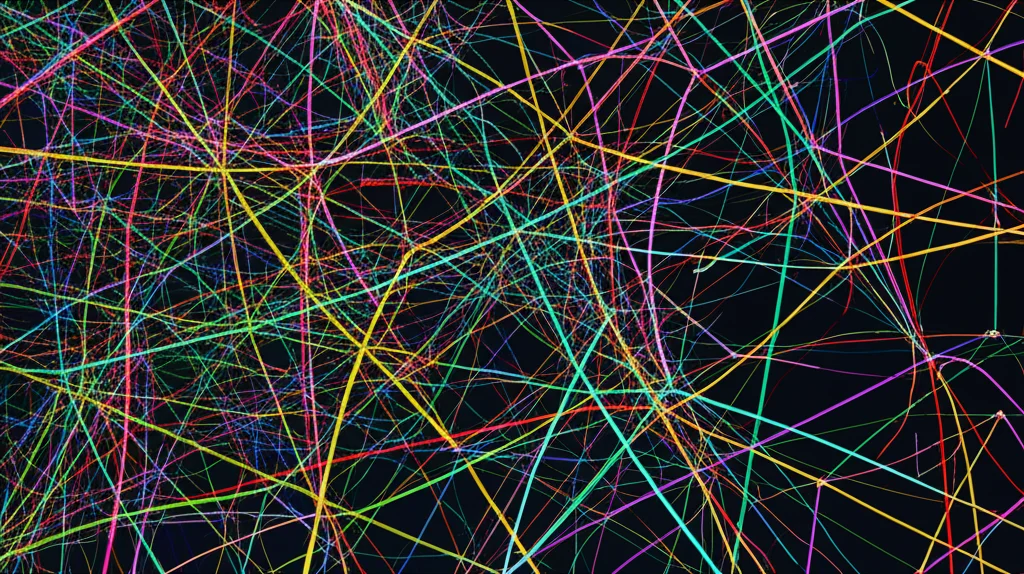 Visualizzazione astratta di percorsi metabolici interconnessi come il ciclo di Krebs e il metabolismo dei grassi, colori vivaci su sfondo scuro, stile infografica scientifica ma fotorealistica, obiettivo grandangolare 24mm per profondità.