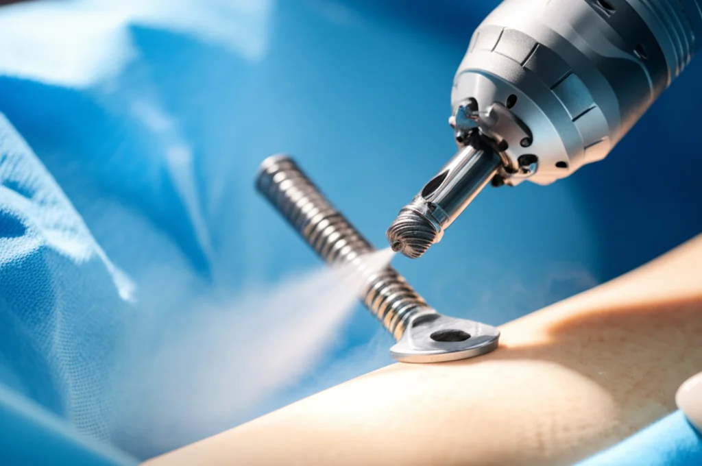 Fotografia di una sala operatoria durante un intervento ortopedico. Un chirurgo utilizza un motore ortopedico standard con una fresa a sfera su una placca metallica fissata a un osso artificiale. Si vede un leggero vapore dovuto all'irrigazione con soluzione salina. Teleobiettivo zoom 100mm, messa a fuoco sull'interfaccia fresa-vite, luce chirurgica brillante.