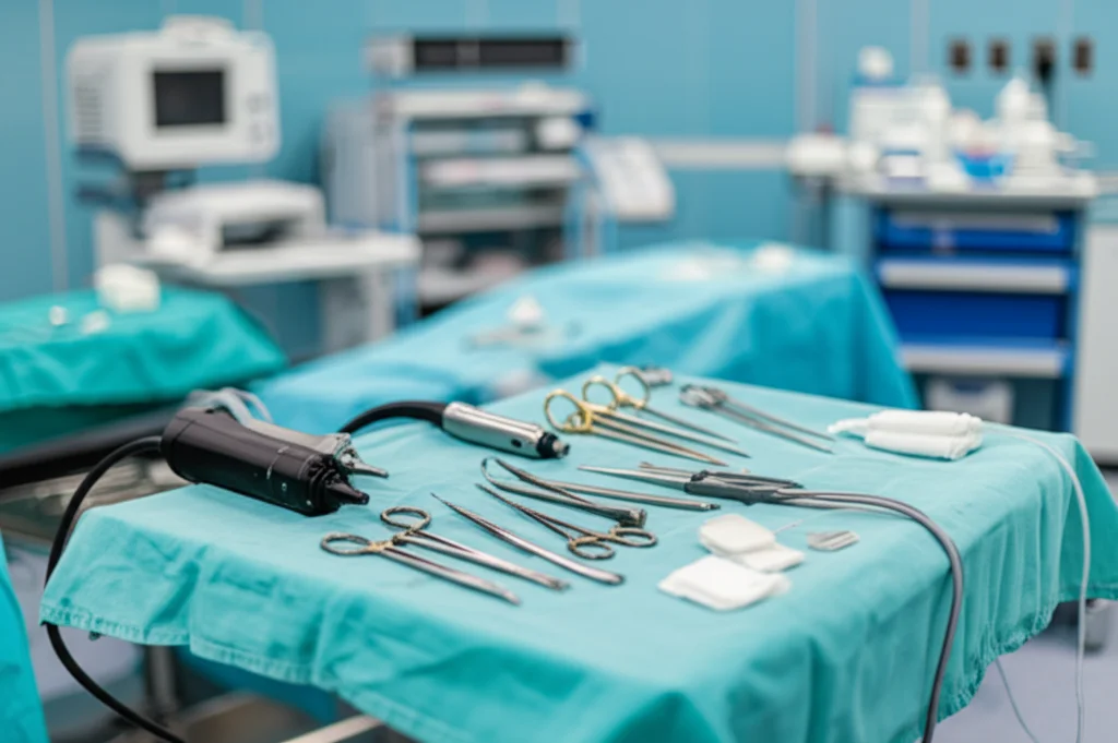 Immagine grandangolare di una sala operatoria moderna e ben attrezzata, ma senza strumenti eccessivamente complessi in primo piano. Focus su un vassoio con strumenti chirurgici standard, tra cui un motore ortopedico e frese. Luce ambientale pulita, obiettivo 24mm, sensazione di accessibilità e ordine.