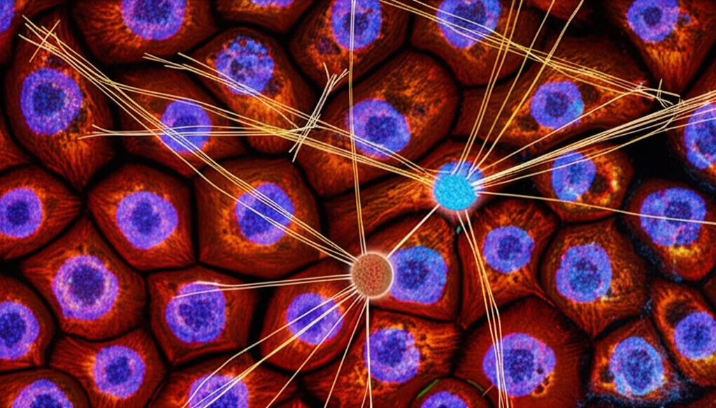 Grandangolare, 15 mm, focus acuto, lunga esposizione, raffigurante una rete complessa di percorsi di segnalazione all'interno di una cella, linee luminose che rappresentano segnali come IL-6 che attiva Akt1 che portano alla fosforilazione di CDO1, concettuale e leggermente astratto.
