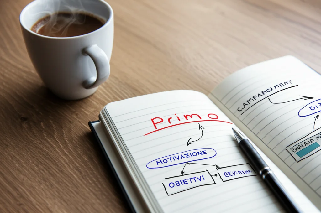 Primo piano di un taccuino aperto su una scrivania di legno, con diagrammi disegnati a mano che illustrano un modello di cambiamento comportamentale (frecce, box con scritte come 'Motivazione', 'Obiettivi'). Accanto, una tazza di caffè fumante. Obiettivo macro 60mm, illuminazione controllata e morbida, alta definizione.