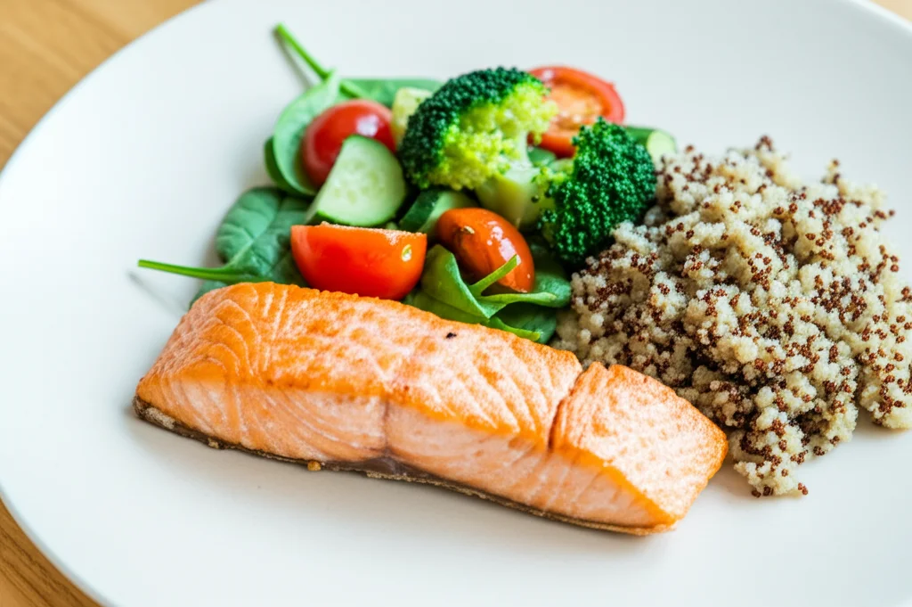 Un piatto colorato e bilanciato con salmone grigliato, quinoa e un mix di verdure fresche (broccoli, pomodorini, spinaci), fotografato dall'alto su un tavolo di legno chiaro. Obiettivo macro 100mm, alta definizione, illuminazione naturale laterale che esalta le texture.