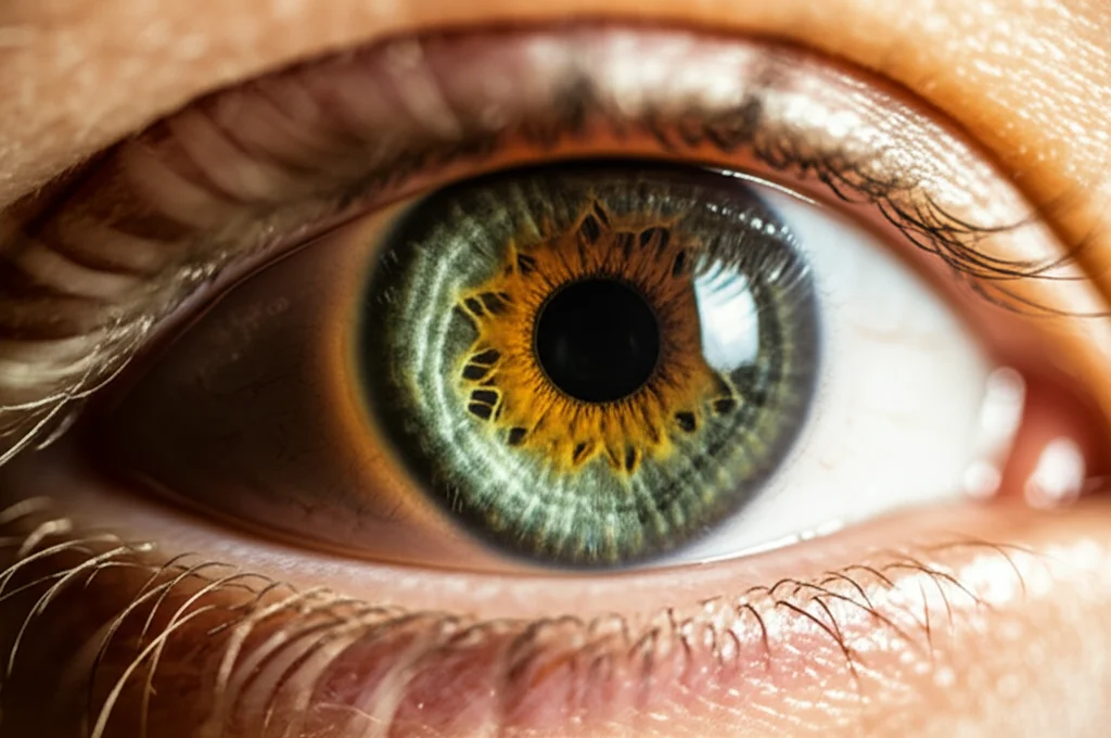 Primo piano macro fotorealistico di un occhio umano che mostra i dettagli intricati dell'iride, illuminazione da studio controllata, obiettivo macro 100mm, alta definizione, messa a fuoco precisa sulla texture dell'iride.