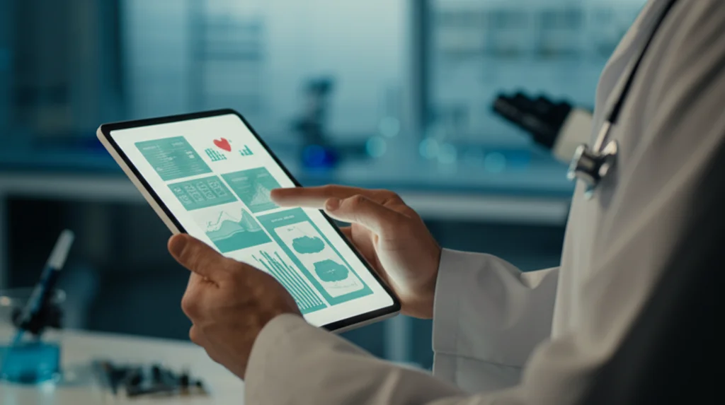 Un ricercatore in camice bianco che analizza grafici e dati su un tablet in un laboratorio moderno e luminoso. Sullo schermo del tablet sono visibili interfacce simili a quelle di un'app per la salute. Obiettivo 50mm, profondità di campo, focus sul tablet e sulle mani del ricercatore.