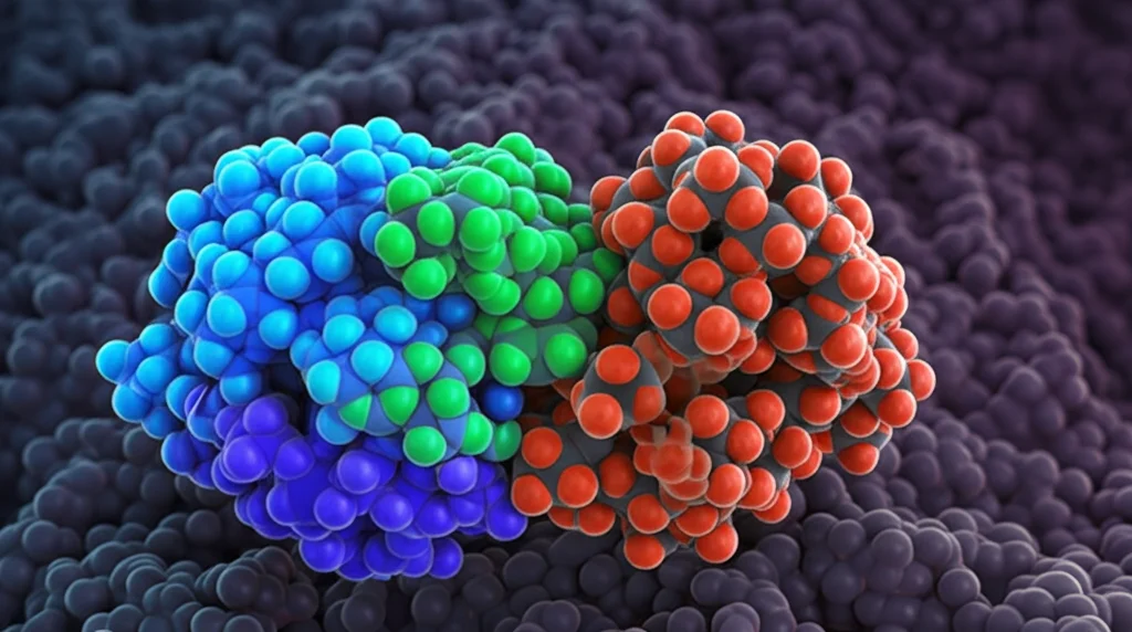 Visualizzazione scientifica fotorealistica a livello molecolare che mostra due diverse molecole farmacologiche (stilizzate ma riconoscibili) che si legano sinergicamente a un complesso proteico (come il proteasoma o l'HDAC) all'interno di una cellula. Dettagli elevati sulle interazioni molecolari, illuminazione drammatica per evidenziare i siti di legame. Lente macro 100mm, messa a fuoco precisa.