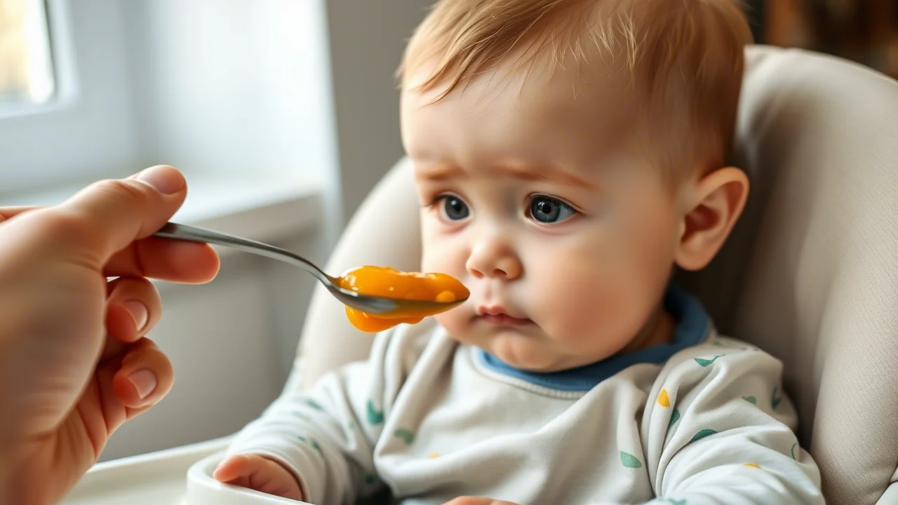Un bambino di circa 7 mesi, seduto nel suo seggiolone, guarda incuriosito un cucchiaino pieno di purea gialla (potrebbe essere zucca o patata dolce) offerto da una mano adulta fuori campo. Macro lens, 85mm, luce naturale morbida proveniente da una finestra laterale, high detail sul viso del bambino e sulla pappa, sfondo leggermente sfocato per concentrare l'attenzione sul momento dello svezzamento. Photorealistic.