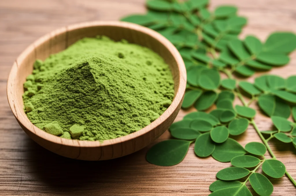 Immagine still life di polvere fine di Moringa Oleifera essiccata in una ciotola di legno rustico, accanto a foglie fresche. Scatto con lente macro 60mm, illuminazione morbida e controllata per esaltare i colori e la texture della polvere. Alto dettaglio.