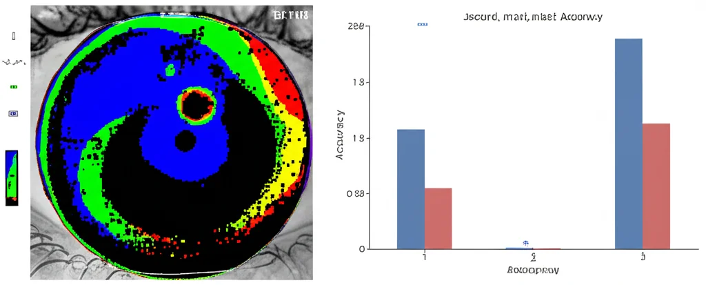 Schermata di un software di analisi biometrica avanzata che mostra un'immagine dell'iride segmentata con aree colorate vivaci (blu, verde, giallo, rosso) che rappresentano le 4 classi di segmentazione, accanto a grafici a barre che mostrano le metriche di performance (Jaccard, mIoU, Accuracy) con valori elevati. Stile interfaccia utente high-tech.