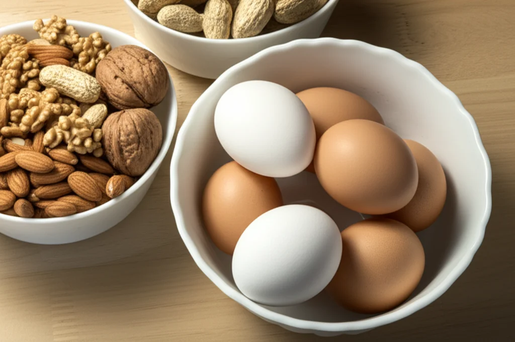Una composizione still life su un tavolo di legno chiaro. In primo piano, una ciotola di ceramica bianca con uova fresche di gallina e accanto un'altra ciotola simile contenente un mix di frutta a guscio (arachidi con guscio, noci, mandorle). Macro lens, 100mm, precise focusing sui dettagli delle texture delle uova e della frutta a guscio, controlled lighting laterale per creare ombre morbide, high detail. Photorealistic.