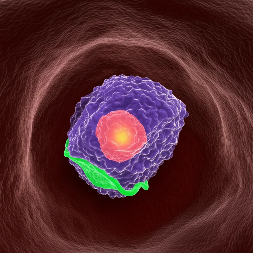 Illustrazione 3D fotorealistica della via di segnalazione Wnt/β-catenina all'interno di una cellula T, con β-catenina che trasloca nel nucleo. Macro lens, 60mm, high detail, controlled lighting, colori vivaci per evidenziare le molecole.