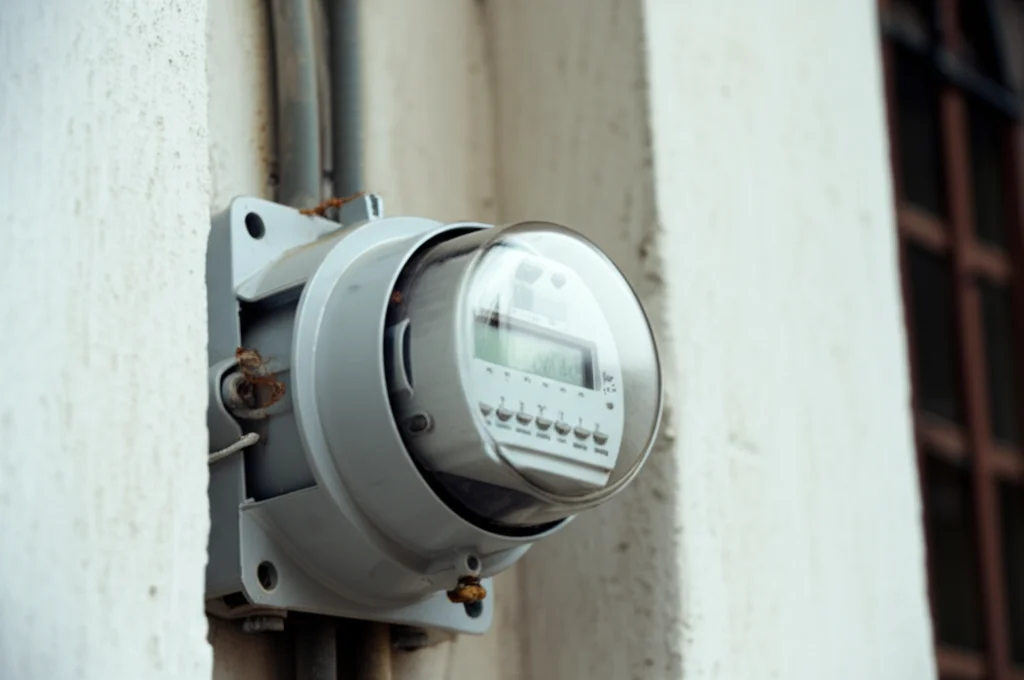 Primo piano di un contatore elettrico intelligente moderno installato sulla parete esterna intonacata di una casa rurale cinese, obiettivo macro 90mm, messa a fuoco precisa sui dettagli del display digitale luminoso, illuminazione controllata e leggermente laterale per evidenziare la texture.