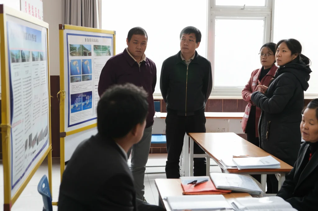Gruppo diversificato di residenti rurali cinesi, uomini e donne di età diverse, che partecipano attivamente a un workshop sull'efficienza energetica tenuto in un luminoso centro comunitario. Fotografia di reportage, obiettivo 35mm, profondità di campo media che mostra l'interazione tra i partecipanti e un formatore vicino a un pannello informativo, luce naturale proveniente da finestre.