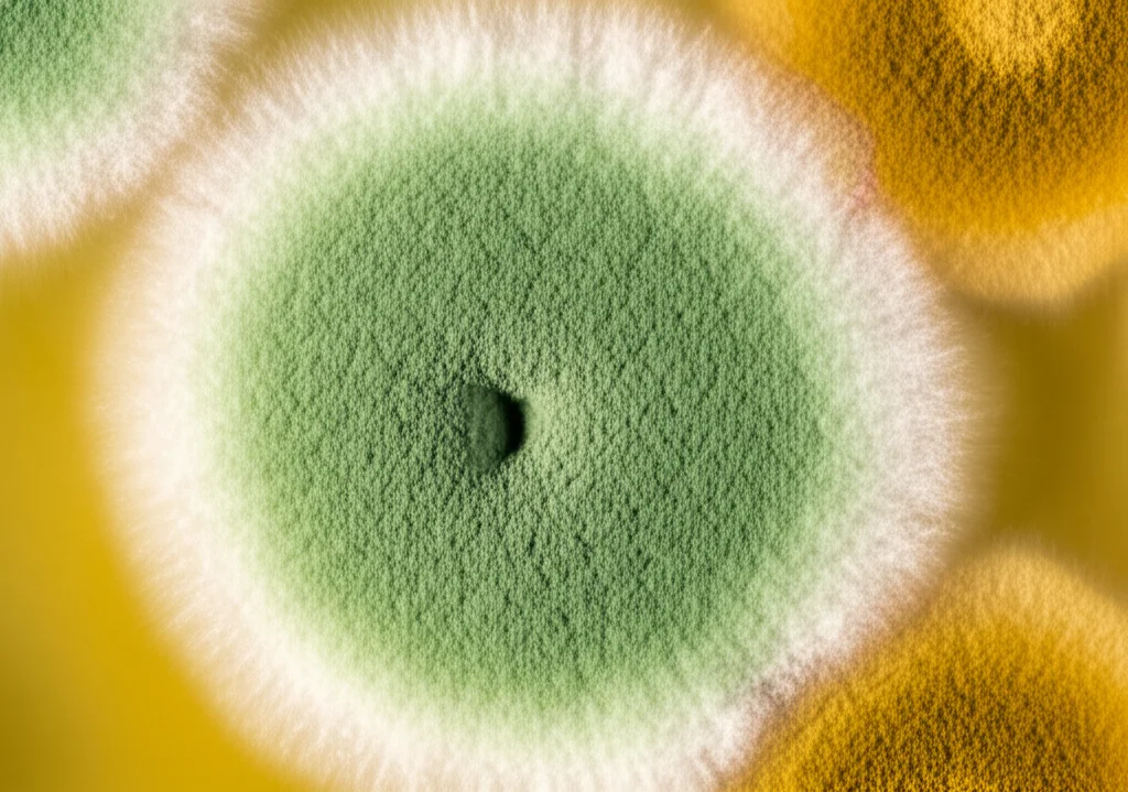Macro fotografia di una piastra di Petri con una coltura fungina verde (Penicillium) e una giallastra/marrone (Cladosporium) isolate da cibo avariato. Obiettivo macro 100mm, alta definizione per mostrare le texture delle colonie fungine, illuminazione controllata da laboratorio.