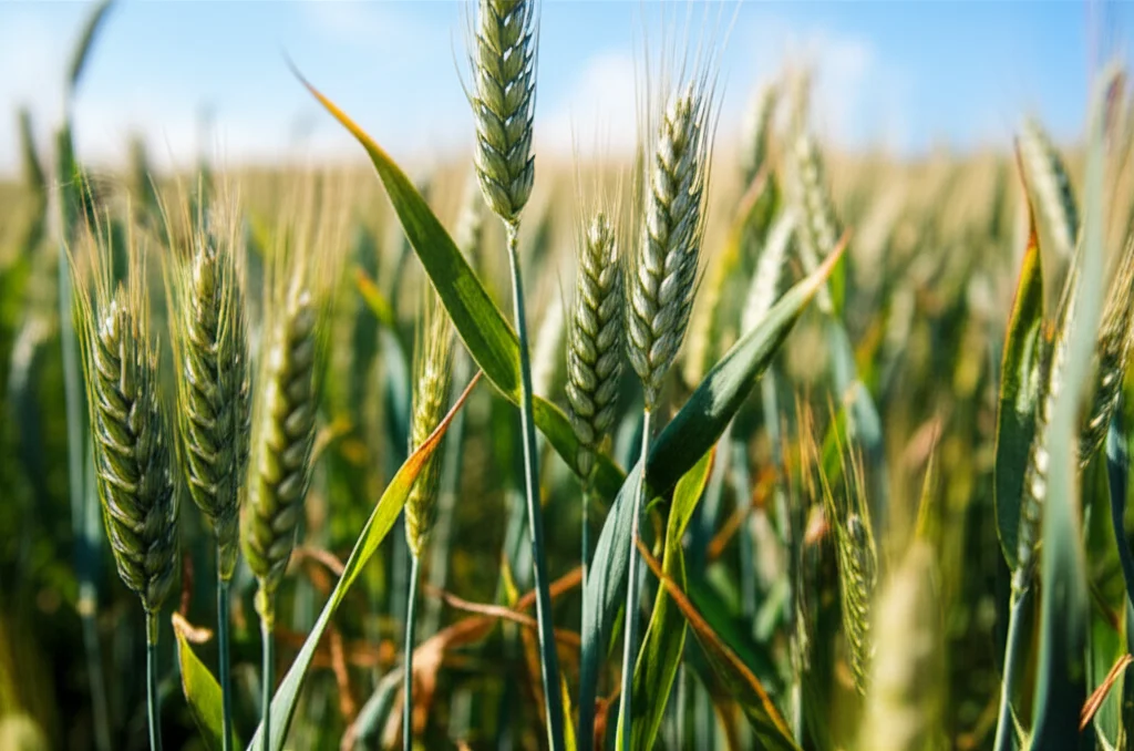 Campo di grano sotto stress idrico indotto da coperture anti-pioggia (rain-out shelters), terreno visibilmente secco e screpolato in primo piano, piante di grano leggermente appassite sullo sfondo, luce solare intensa. Macro lens, 100mm, high detail, precise focusing, controlled lighting.