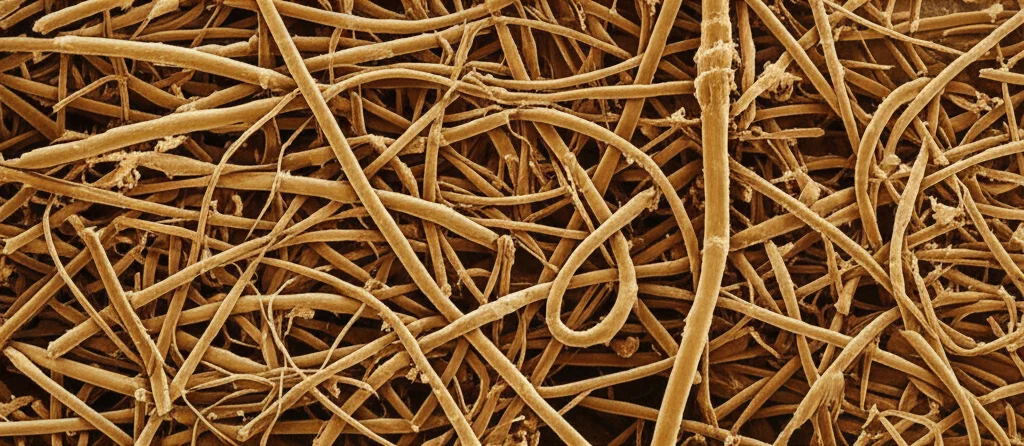 Microfotografia simulata del suolo che mostra aggregati tenuti insieme da sostanze simili a gel (EPS), con batteri e ife fungine visibili tra le particelle di terreno. Macro lens, 80mm, high detail, precise focusing, controlled lighting, effetto leggermente tridimensionale.