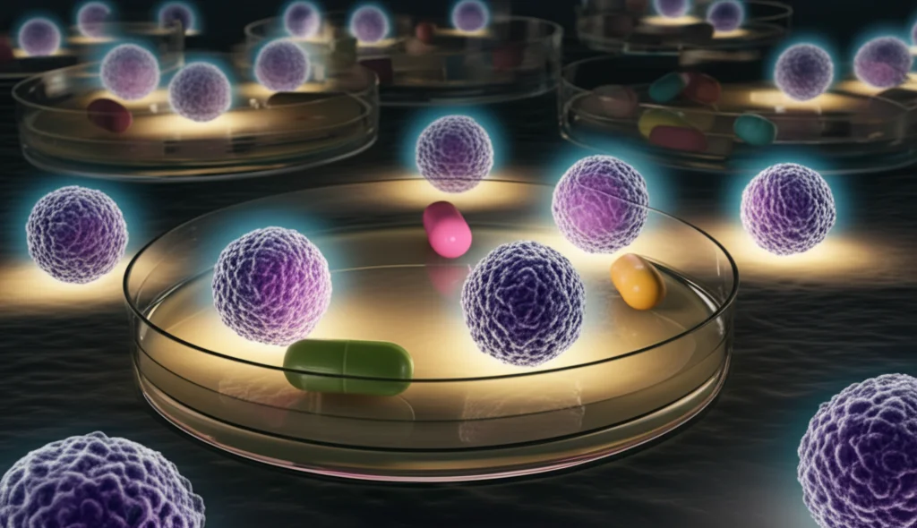 Visualizzazione concettuale fotorealistica di batteri Enterococcus sferici su una piastra di Petri. Alcuni batteri hanno uno scudo luminoso che respinge pillole antibiotiche colorate (penicillina, vancomicina, linezolid). Sfondo scuro e scientifico, illuminazione drammatica focalizzata sugli scudi, profondità di campo ridotta. Obiettivo 50mm.