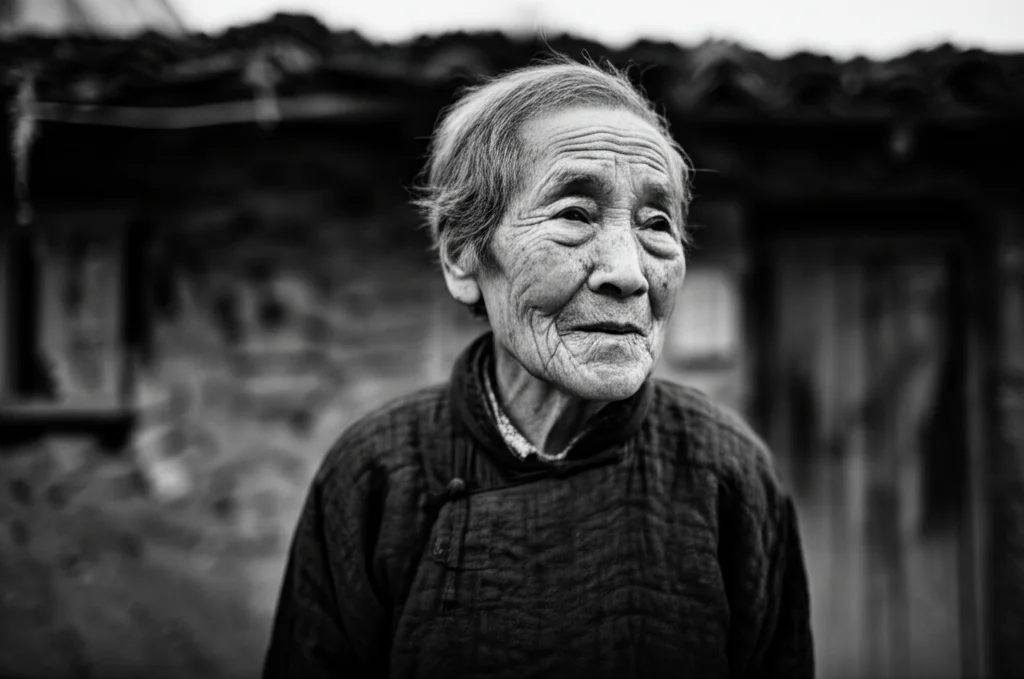 Fotografia ritratto di una persona anziana cinese in un ambiente rurale, sguardo pensieroso rivolto verso l'orizzonte, obiettivo prime 35mm, bianco e nero con grana fine, profondità di campo ridotta per isolare il soggetto.
