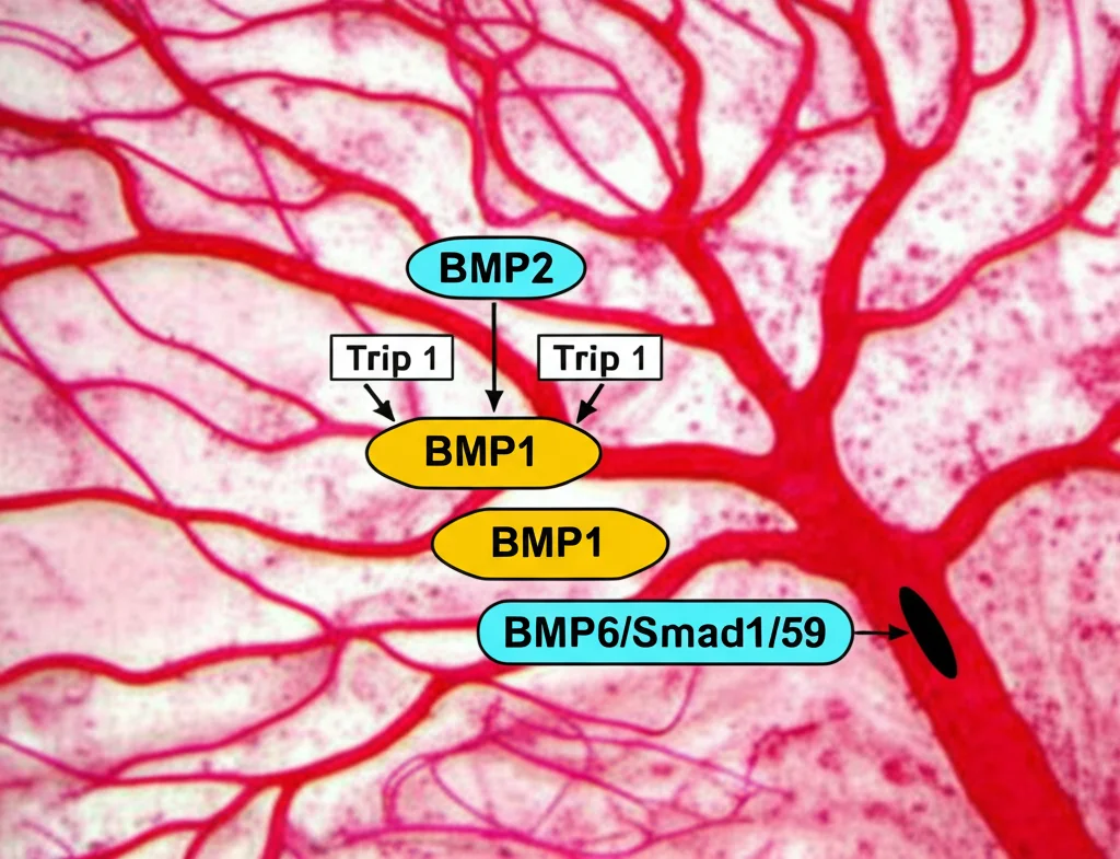 Illustrazione scientifica fotorealistica che mostra il processo di angiogenesi nel cervello, con nuovi capillari evidenziati in rosso vivo che si formano nella zona della penombra ischemica. In sovrimpressione, una rappresentazione stilizzata ma chiara della cascata di segnali BMP6/Smad1/5/9. Alto dettaglio, obiettivo macro 60mm.