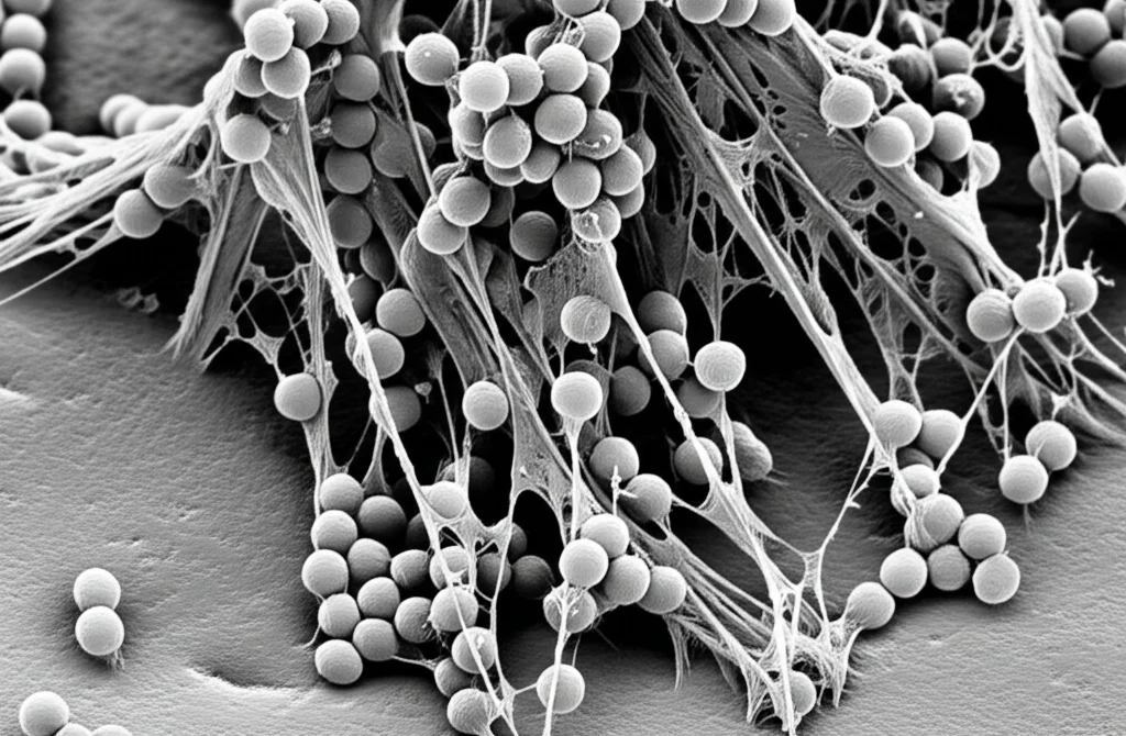 Micrografia elettronica a scansione (SEM) simulata, molto dettagliata, di un biofilm di Enterococcus faecium su una superficie metallica simile all'acciaio inox di un'attrezzatura casearia. Struttura tridimensionale complessa con batteri cocchi immersi in una matrice extracellulare filamentosa. Alta definizione, illuminazione laterale per evidenziare la texture tridimensionale, obiettivo macro 100mm, bianco e nero.
