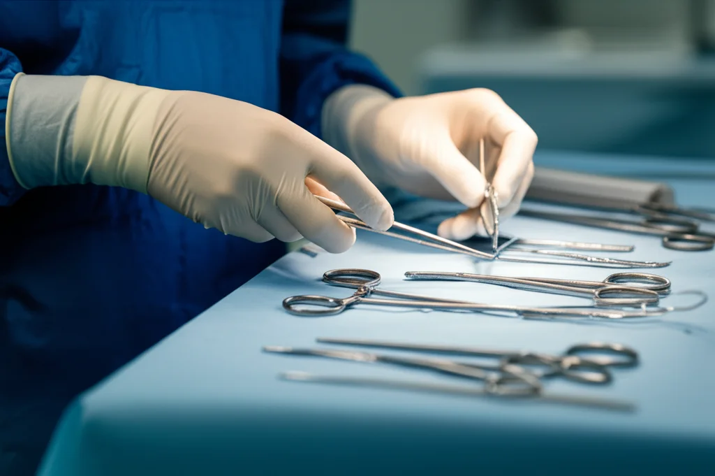 Primo piano sulle mani guantate di un chirurgo che tiene delicatamente uno strumento chirurgico di precisione, sopra un tavolo sterile con altri strumenti sfocati sullo sfondo. Illuminazione da sala operatoria controllata, lente macro 90mm, alta definizione, focus nitido sugli strumenti e sulle mani.
