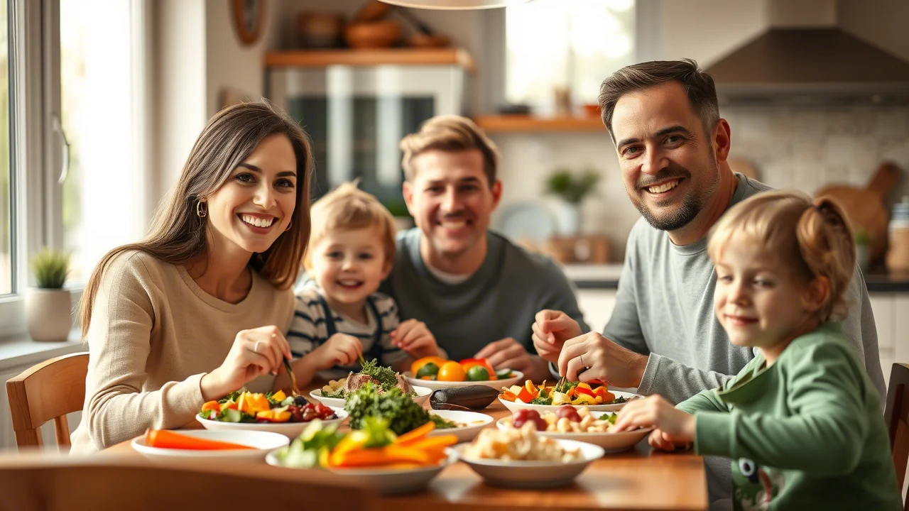 Fotografia di ritratto di una famiglia sorridente (genitori sui 35-40 anni, due bambini tra 5 e 10 anni) seduti insieme a tavola per un pasto sano e colorato. Luce naturale calda proveniente da una finestra laterale. Obiettivo prime 35mm, profondità di campo media per mantenere a fuoco la famiglia ma sfocare leggermente lo sfondo della cucina. Toni caldi e accoglienti, atmosfera serena.