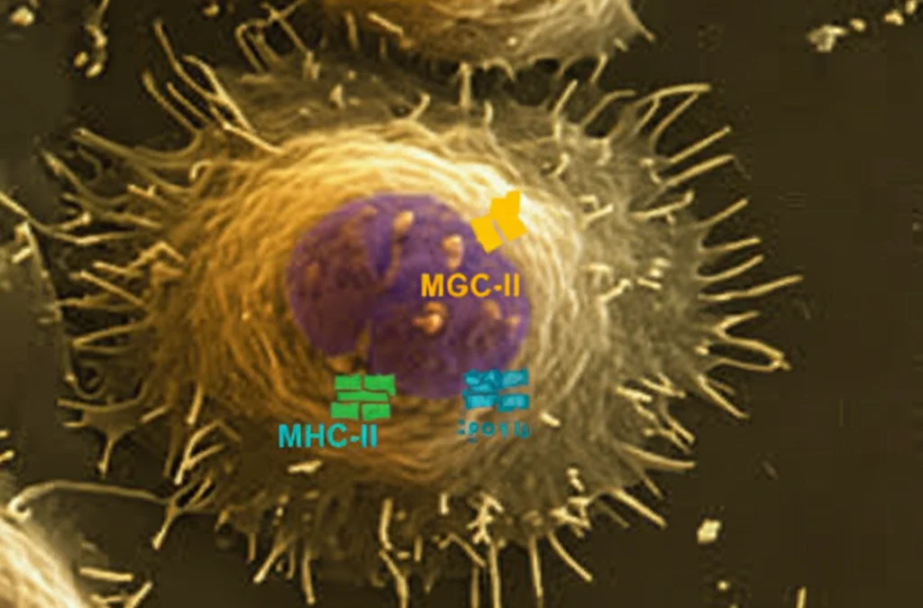Immagine macrofotografica ad alta definizione di cellule dendritiche umane in coltura. Obiettivo macro 100mm, illuminazione controllata da studio per evidenziare le delicate estensioni cellulari (dendriti). Focus preciso su una cellula, con dettagli delle molecole MHC-II (rappresentate schematicamente) sulla superficie, alcune delle quali appaiono 'spente' o ridotte. Sfondo sfocato per isolare il soggetto.