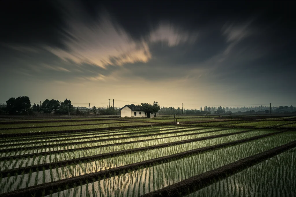 Paesaggio rurale cinese al tramonto, campi coltivati e una piccola casa in lontananza, obiettivo grandangolare 18mm, lunga esposizione per nuvole mosse, colori caldi e malinconici, messa a fuoco nitida sull'intero paesaggio.