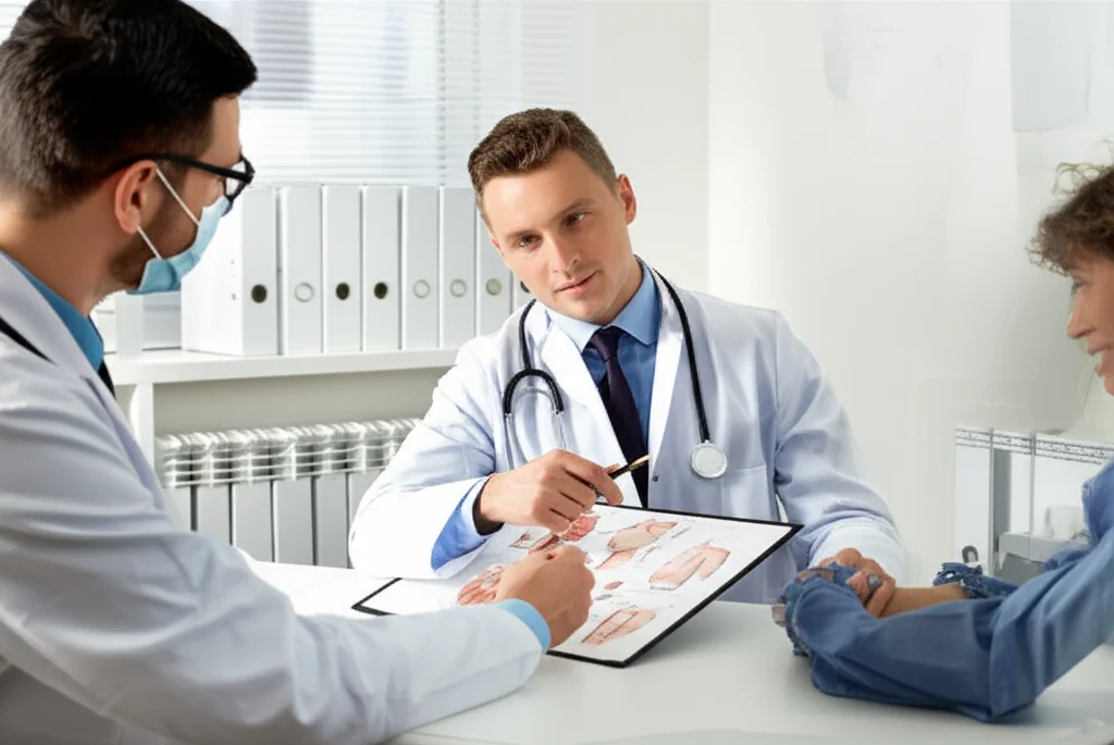 Un chirurgo plastico esperto discute con calma con un paziente in uno studio medico luminoso e moderno. Il chirurgo indica un diagramma anatomico. Lente prime 35mm, profondità di campo che sfoca leggermente lo sfondo, luce naturale dalla finestra, atmosfera rassicurante.