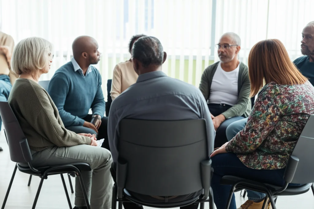 Foto di un gruppo di genitori (circa 8-10 persone, diverse età ed etnie) seduti in cerchio in una stanza luminosa e accogliente, che discutono animatamente ma in modo supportivo. Un facilitatore è visibile in piedi, sorridente. Obiettivo zoom 24-70mm impostato a circa 50mm, luce ambientale morbida, espressioni coinvolte e attente sui volti. Stile documentaristico, cattura l'essenza del supporto di gruppo.