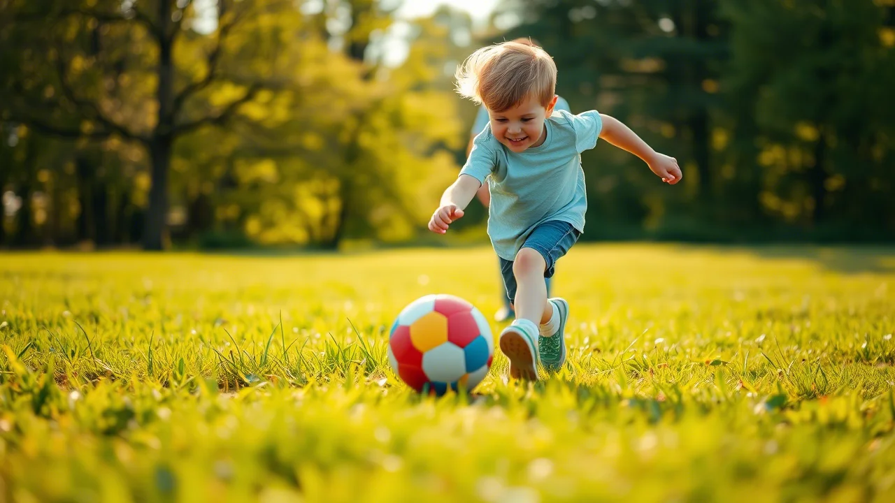 Foto d'azione dinamica di un bambino (circa 7 anni) che corre felice in un prato verde, calciando un pallone colorato. Un genitore sorridente lo osserva incoraggiante sullo sfondo. Teleobiettivo zoom 150mm, velocità dell'otturatore elevata (fast shutter speed) per congelare il movimento del bambino e del pallone, luce solare pomeridiana calda, colori vivaci. Action or movement tracking attivo sul bambino.
