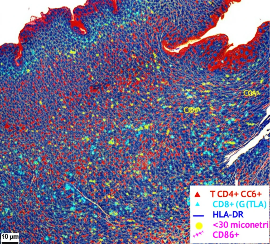 Immagine di immunofluorescenza multiplex ad alta risoluzione di una sezione di tessuto gastrico umano infetto da H. pylori. Si vedono chiaramente cellule T CD4+ (rosse) e CD8+ (verdi) che esprimono CTLA4 (giallo) e HLA-DR (ciano), in stretta prossimità fisica (distanza meno di 30 micrometri) con macrofagi CD68+ (blu) che esprimono CD86 (magenta). Nuclei cellulari in DAPI (bianco/grigio). Obiettivo 40x, microscopio confocale, colori vivaci e ben separati.