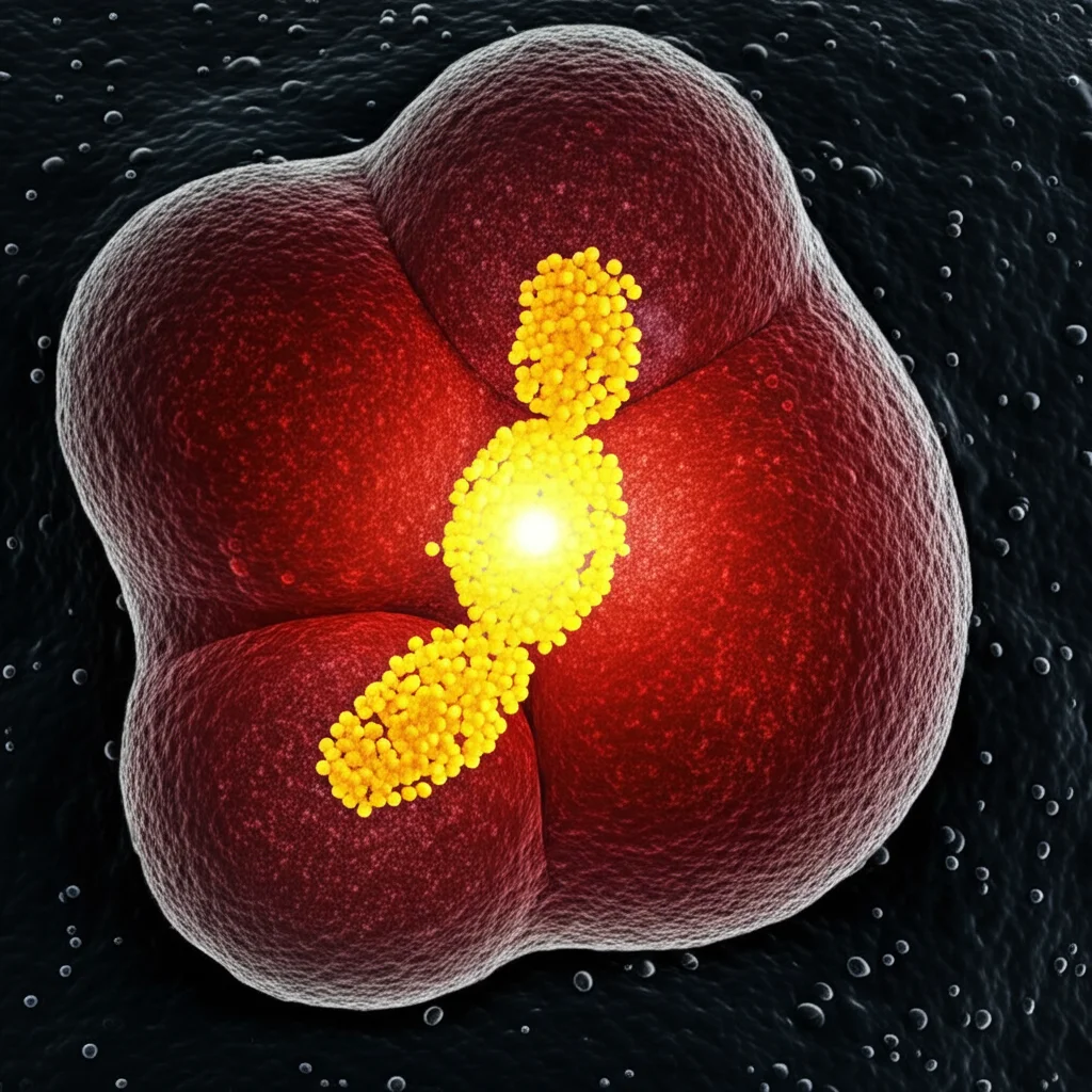 Visualizzazione microscopica ultra-realistica di batteri Escherichia coli che si dividono, con focus sulla proteina FtsZ che forma un anello luminoso al centro della cellula. Illuminazione controllata, obiettivo macro 100mm, alta definizione, colori vividi ma scientificamente accurati.
