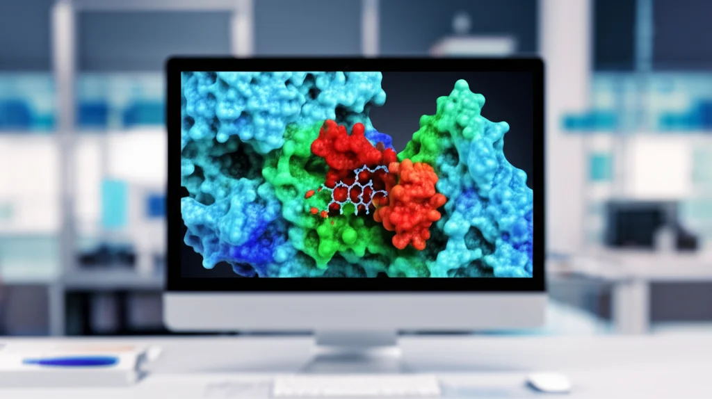 Schermo di computer in un laboratorio moderno che mostra una simulazione 3D di una molecola (l'analogo della berberina ZINC524729297) che si lega strettamente al sito attivo della proteina FtsZ. Grafica molecolare dettagliata, colori che evidenziano i legami idrogeno e le interazioni idrofobiche, profondità di campo che sfoca lo sfondo del laboratorio. Obiettivo prime 35mm.